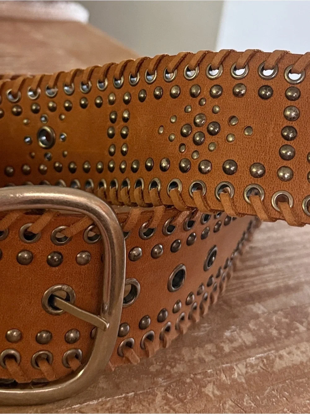 Calvin Klein Jeans Tan Studded Leather Waist Belt with Metal Buckle